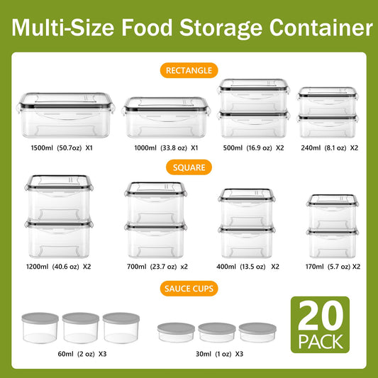 JSCORES 40-piece food storage containers set includes 20 containers and 20 lids. Leak-proof and BPA-free, perfect for kitchen food storage.