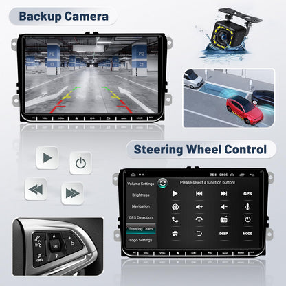 2+64G Android car radio for VW Golf 5 Golf 6 Skoda Passat B6 Passat B7. 9-inch touch display car stereo with GPS, WiFi, mirror link, Bluetooth, rearview camera, and microphone.