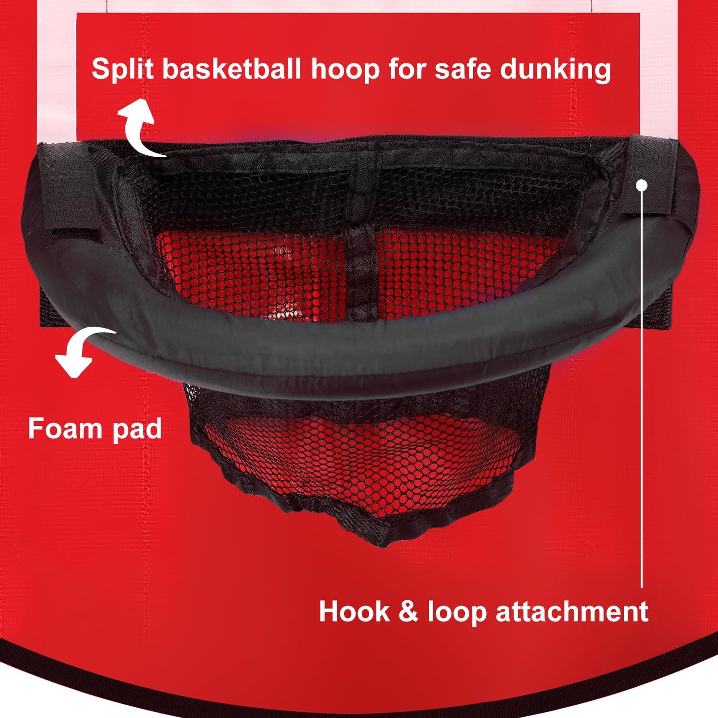 Trampoline basketball hoop, tearaway rim for dunking Trampoline basketball attachment with mini basketballs Trampoline accessory for kids, adults for indoor and outdoor use (Red)