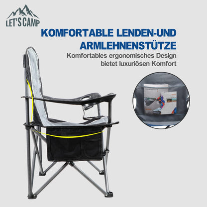 LET'S CAMP Camping Chair Folding Chair Portable Fishing Chair with Drink Holders Storage Pockets Carry Bag Steel Frame up to 160kg for Camping Travel
