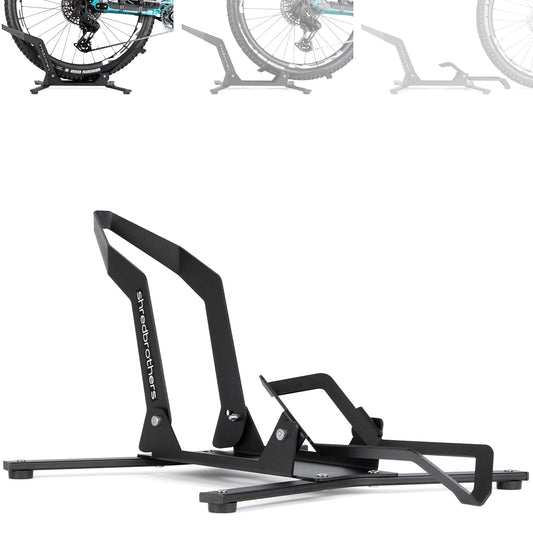 SHREDBROTHERS bike stand for mountain bikes, 26-29 inch E Bikes, MTBs, and road bikes. Suitable for both rear and front wheels. Display and storage stand for exhibitions.
