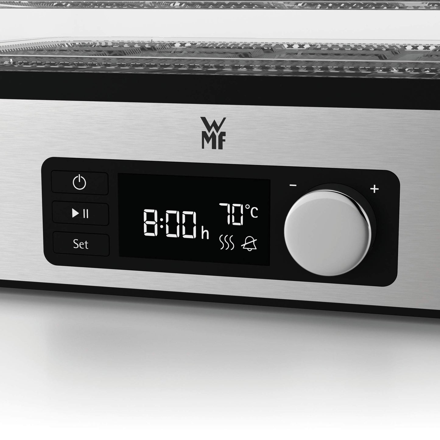 WMF Kitchen Minis stainless steel food dehydrator with 5 trays, 30-70°C temperature range, 24h timer, fruit dryer, dehydrator, 2 boxes, granola bar molds, BPA-free.