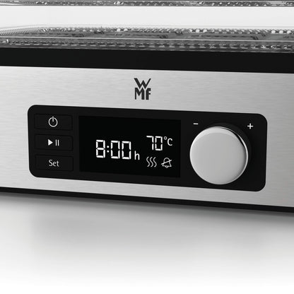 WMF Kitchen Minis stainless steel food dehydrator with 5 trays, 30-70°C temperature range, 24h timer, fruit dryer, dehydrator, 2 boxes, granola bar molds, BPA-free.