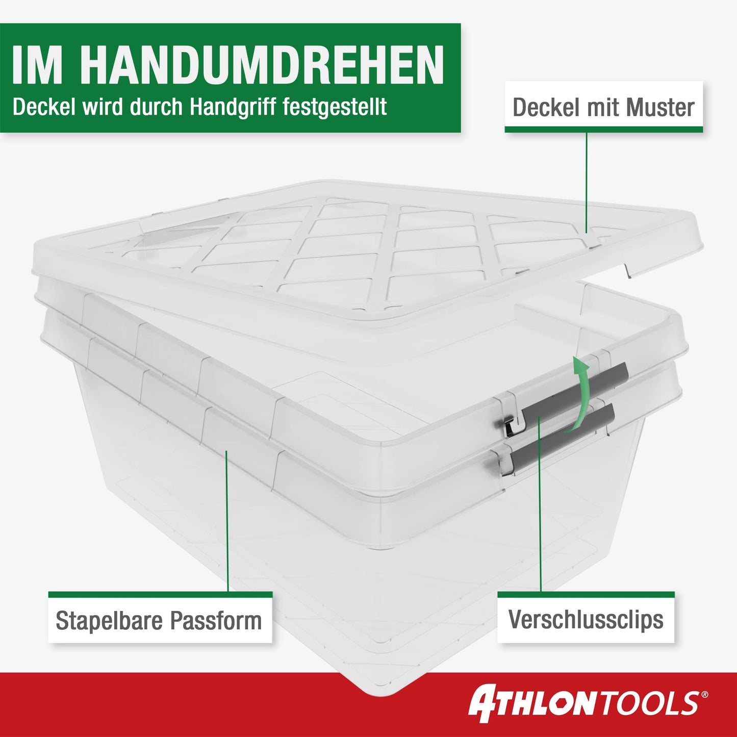 ATHLON TOOLS 4x 12.5 L storage boxes with lids, food-safe - closure clips - 100% virgin material plastic box transparent - stackable clothing boxes...