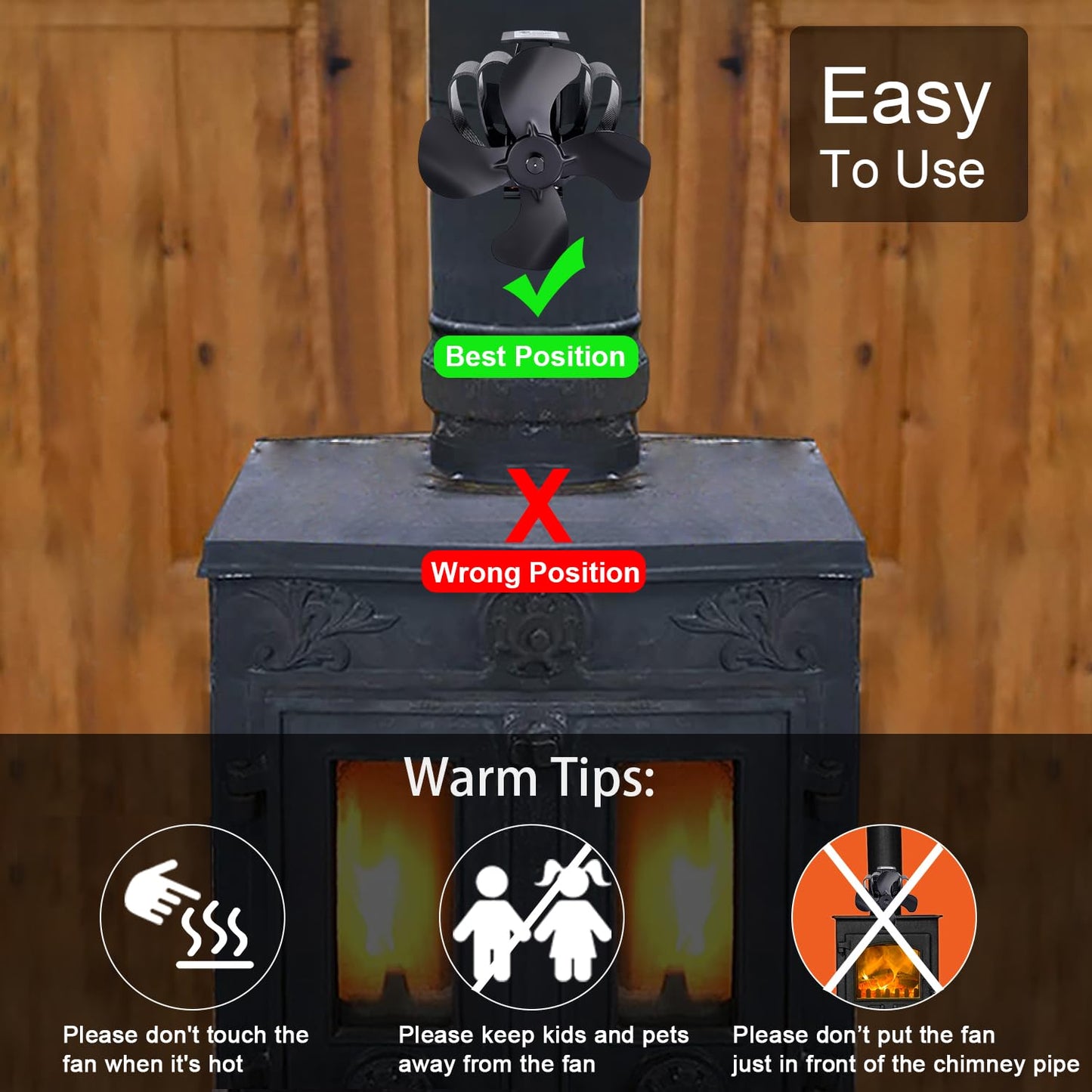 4 Sheets Fireplace Fan with Clamp, Stove Fan environmentally friendly on the chimney, Fan for fireplace for wood stove/firewood/fireplace/stove pipe