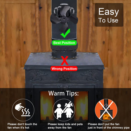 4 Sheets Fireplace Fan with Clamp, Stove Fan environmentally friendly on the chimney, Fan for fireplace for wood stove/firewood/fireplace/stove pipe