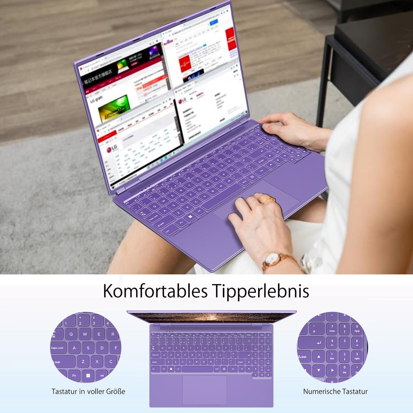 AOCWEI Laptop 16 inch 12GB RAM 512GB ROM Expandable 2.5" 1TB SSD, Laptop Win 11 with 4-Core CPU N5095 (up to 2.9 GHz), 1920*1200 | 5G WiFi | Bluetooth & German Keyboard Sticker-Purple.