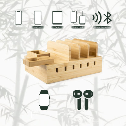 YOJA Bamboo Multi-Device Charging Station, YOJA 5-Port USB Multi-Charging Station, Wood for Phone, Tablet, Watch, Headphones, Earphones, USB Charger with 5 Short Cables, Bamboo Design.