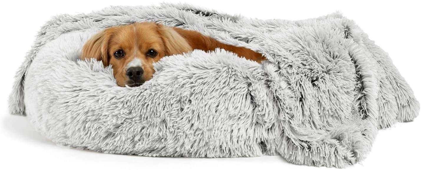 Wuudi bed for cat, dog cushion fluffy cat bed set with blanket, round cat bed plush dog bed 2 pieces soft warm pet bed + pet blanket for cats and small (light gray)