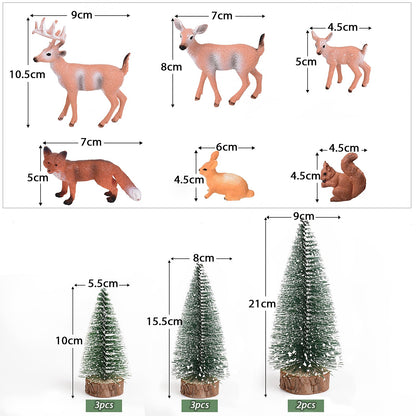 14 pieces Christmas Mini Figures Christmas Tree Artificial Ornament Miniature Pine Tree Deer Rabbit Fox Squirrel Reindeer Small Christmas Figures Christmas Decoration for Crafting Xmas