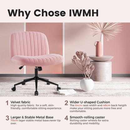 IWMH office chair without armrests, height adjustable swivel chair with wheels, desk chair with fabric upholstery, reading chair with wider cushion for sitting cross-legged (Pink with wheels).