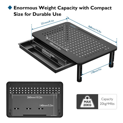 BONTEC Monitor Stand with Drawer, 3 Height Adjustable Monitor Riser for Desk with Mesh Platform for Monitor, Laptop, Computer, iMac, Printer up to 20 kg, Cable Ties Included
