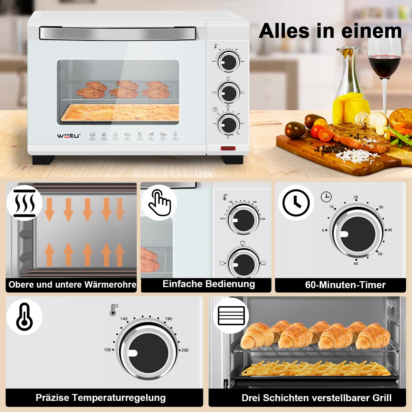 WOLTU Mini oven 21 L, electric mini oven, toaster oven, pizza oven, 1280 W, 100-230 °C, timer 60 min., top/bottom heat, double glazing, white