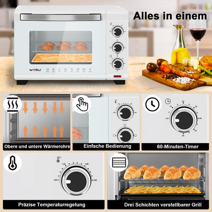 WOLTU Mini oven 21 L, electric mini oven, toaster oven, pizza oven, 1280 W, 100-230 °C, timer 60 min., top/bottom heat, double glazing, white