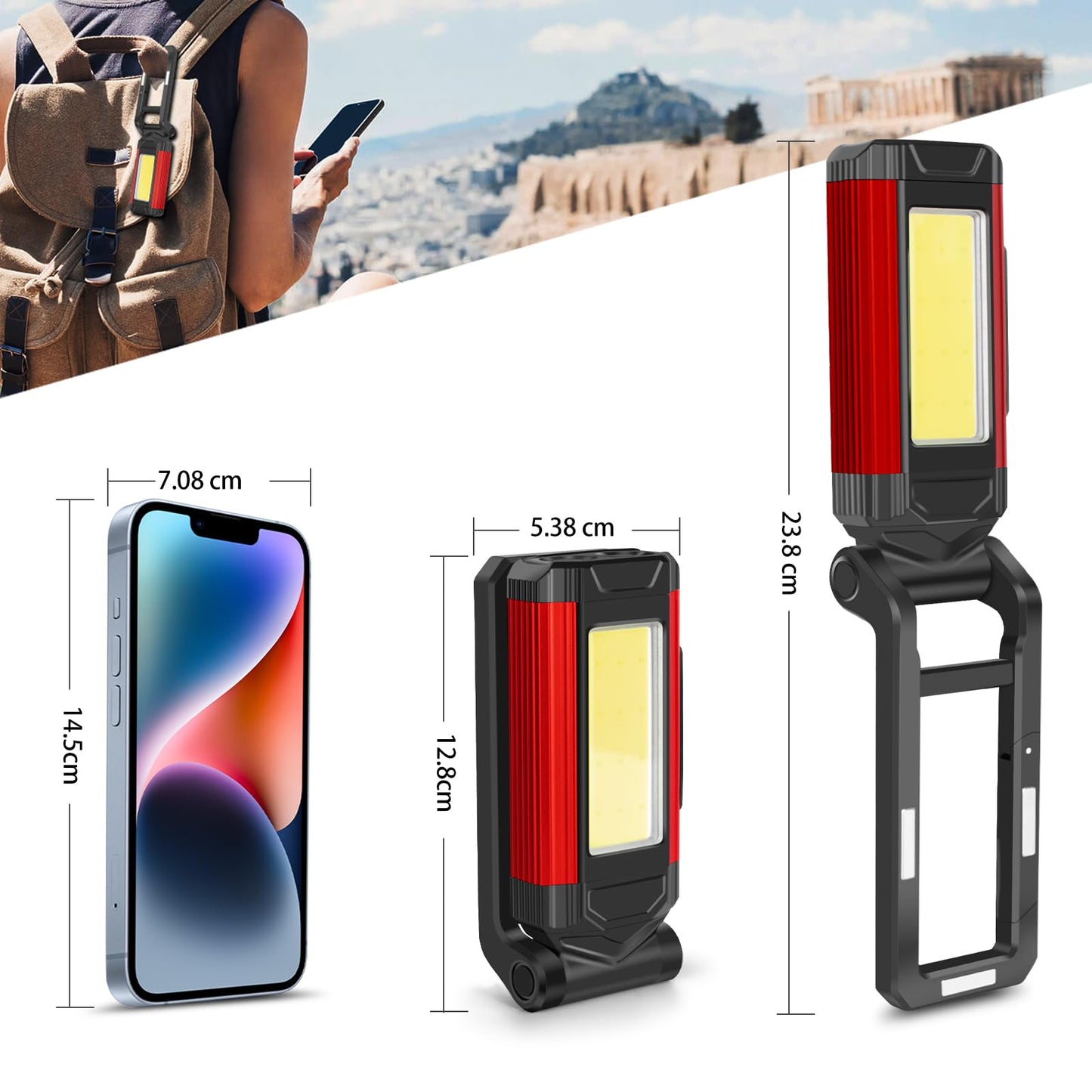 Daphomeu LED Work Light 2 Pack, Ultra Bright COB Work Light & LED Flashlight, Red Emergency Light with Rotatable Magnetic Base, Rechargeable Inspection Lamp for Auto Repairs, Workshop, and Camping.