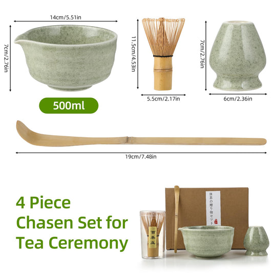 Matcha set - Matcha whisk set - 4-piece matcha tea set, Matcha whisk, Matcha bowl, Chasen, and Matcha spoon - Matcha accessories for tea ceremony - Green gift for home and office.