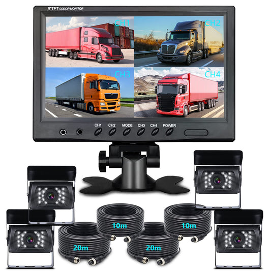 9 inch rear view camera set monitor with 4 pin cable, 4 waterproof night vision mirror cameras for trucks, RVs, trailers, caravans, and agriculture. 12V/24V/35V rearview camera cable for parking assistance.