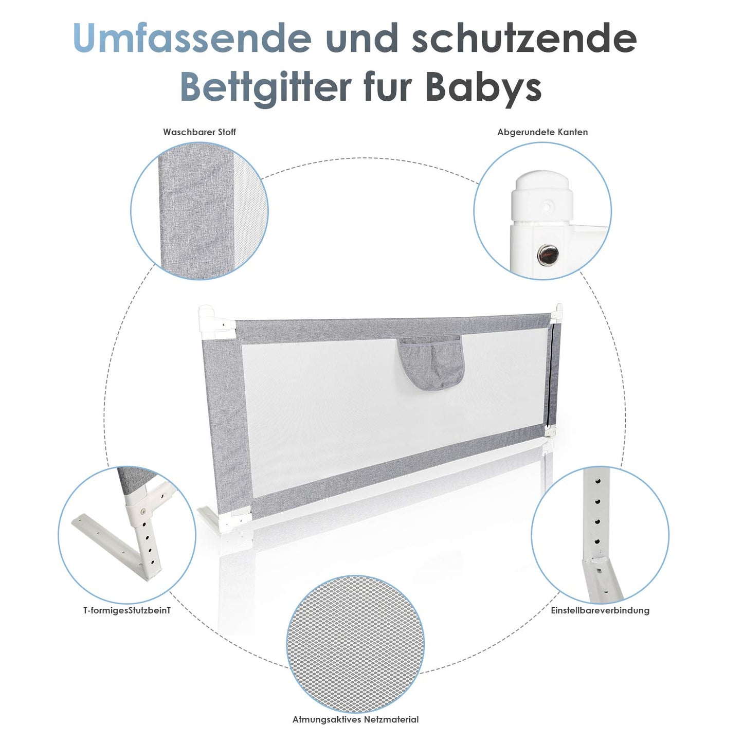 A 180 * 80 cm bed rail guard bed safety rail crib rail for children baby bed rail adjustable height foldable suitable for children's beds, parent beds anti-fall for baby children - Gray