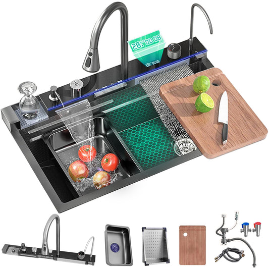 Ribanedy Multifunctional Digital Kitchen Sink, Waterfall Sink made of 304 Stainless Steel, with 5 Water Outlet Modes, Waterfall Pull-out Faucet, Cup Cleaner, and other sink accessories set (68 X 46 cm).