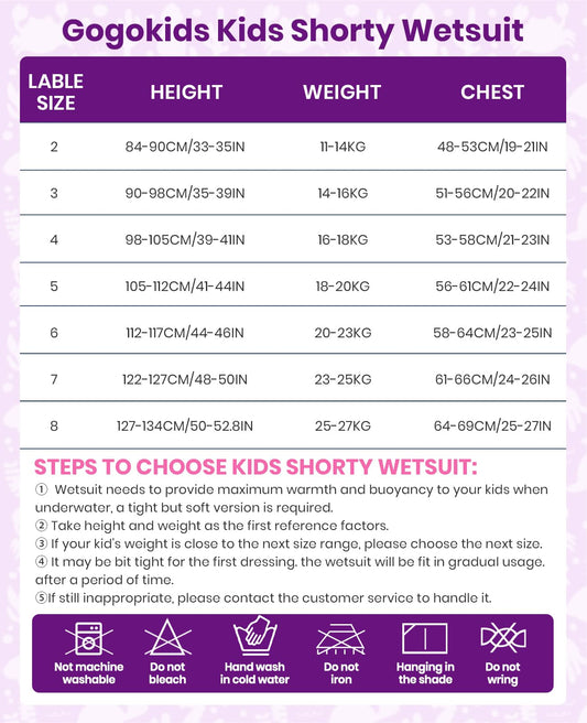Gogokids Shorty Neoprene Wetsuit for Kids, 2.5mm thickness with back zipper. Provides comfort, warmth, and UV protection for swimming, snorkeling, and surfing. Suitable for 5-6 year old girls in Violet color.