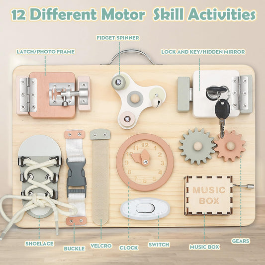 Joyreal Montessori Busy Board - Montessori Activity Board for Fine Motor Skills. Sensory Montessori Toy for Girls and Boys. Great Gift Idea.