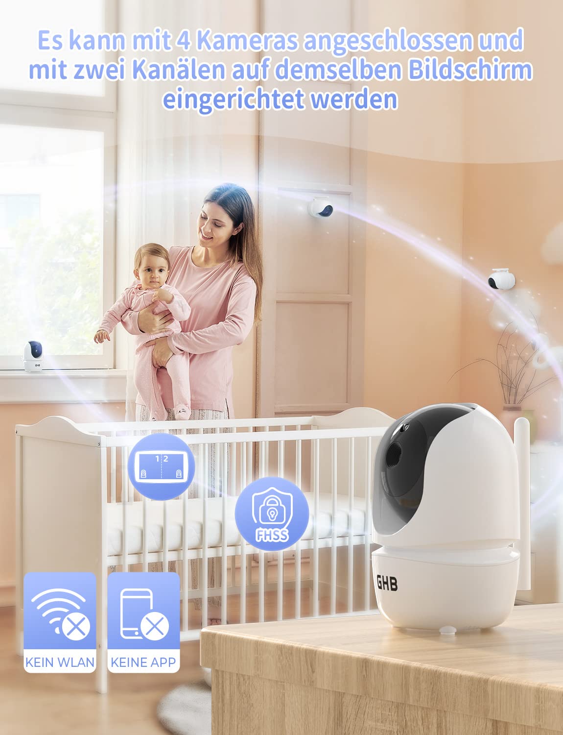 GHB Baby Monitor with Camera 4.3 Inch Baby Monitor 350° Rotation Night Vision Video Camera with 2 Cameras ECO Mode Baby Camera LCD Screen, 720p