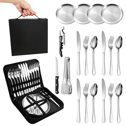 Camping cutlery set for 4 people - Stainless steel camping tableware set for outdoor, picnic and travel - with stainless steel knife, fork, spoon and plate, Portable cutlery including cutlery bag.