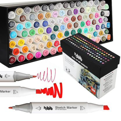 hhhouu 100 Color Alcohol Markers, Dual Tip Pens for Adult Artists, Designers, Illustration, Architecture, and Creative Projects MH-100W