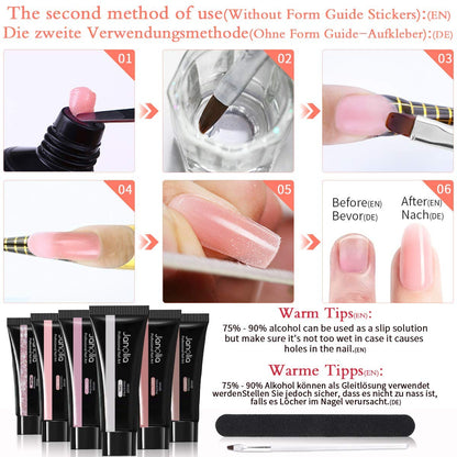 Janolia Nail Extension Kit for nails, Gel Builder Nails Starter Set for nail design with 15ml * 6 colors nail extension gel, base coat, top coat, very suitable for beginners.