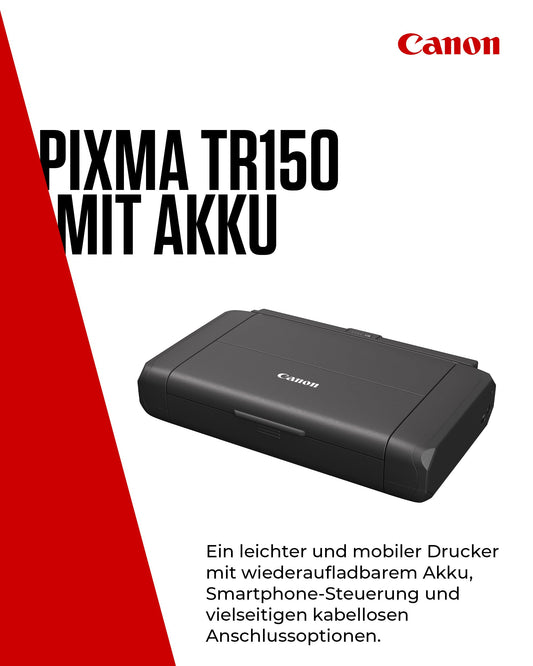 Canon PIXMA TR150 mobile printer with battery (WLAN, cloud, AirPrint, 4,800 DPI x 1,200 DPI, high-speed USB Type C, OLED display, inkjet printer), black.