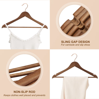 HOUSE DAY Wooden Hangers, 20 Pack Wood Clothes Hangers, Walnut Hangers for Suits, 360° Rotating Hook in Rose Gold, Non-Slip, Shoulder Notches.