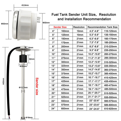 KAOLALI Fuel Level Sensor with Fuel Gauge, Boat Fuel Sender, Fuel Water Level Sensor, Stainless Steel Fuel Tank Sending Unit 0-190 Ohm 175mm for RVs, Boats, Cars