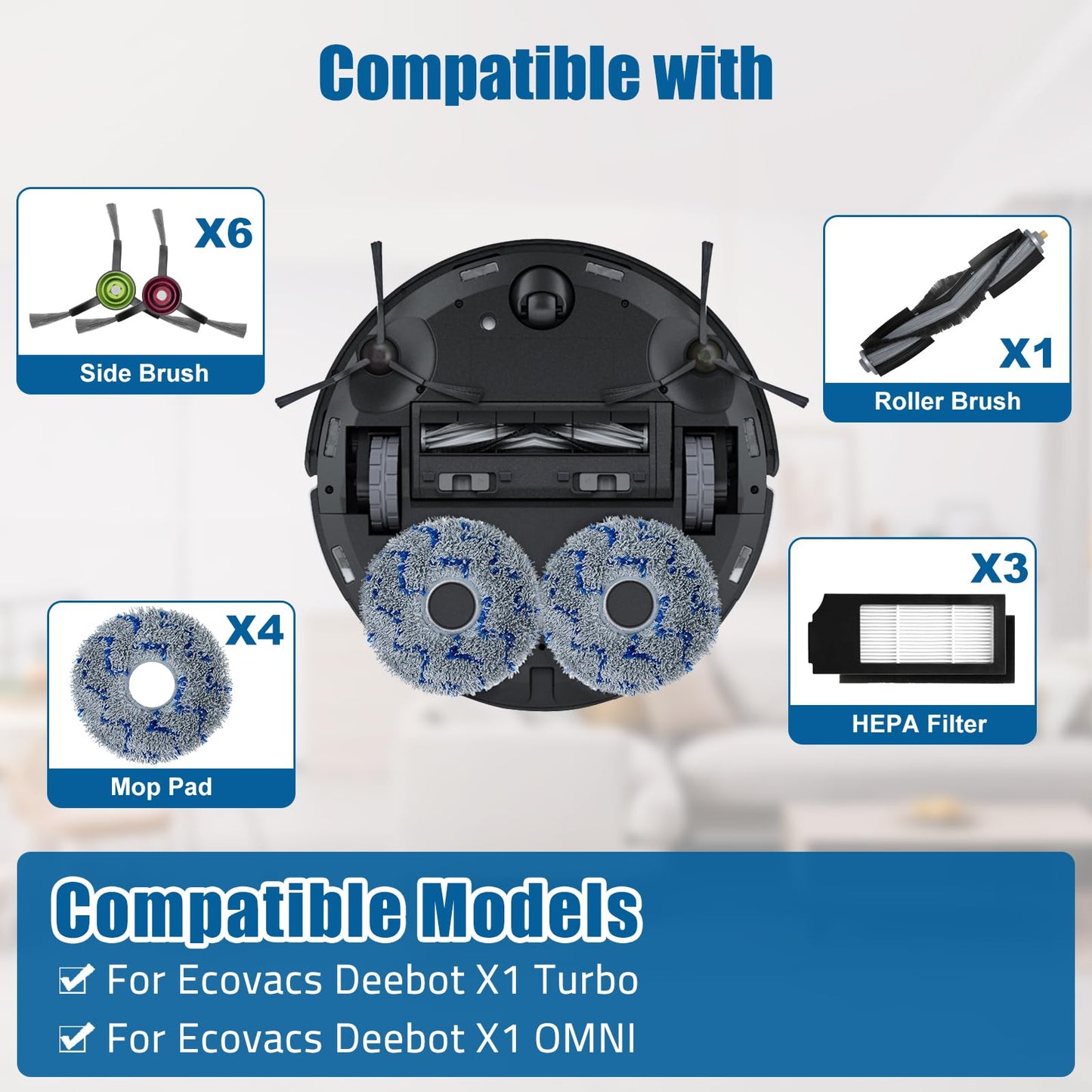18-piece replacement accessory set for Ecovacs Deebot X1 OMNI/ X1 e OMNI/ X1 Turbo robot vacuum parts, including 1 main brush, 6 side brushes, 3 Hepa filters, 4 mopping cloths, and 4 dust bags.