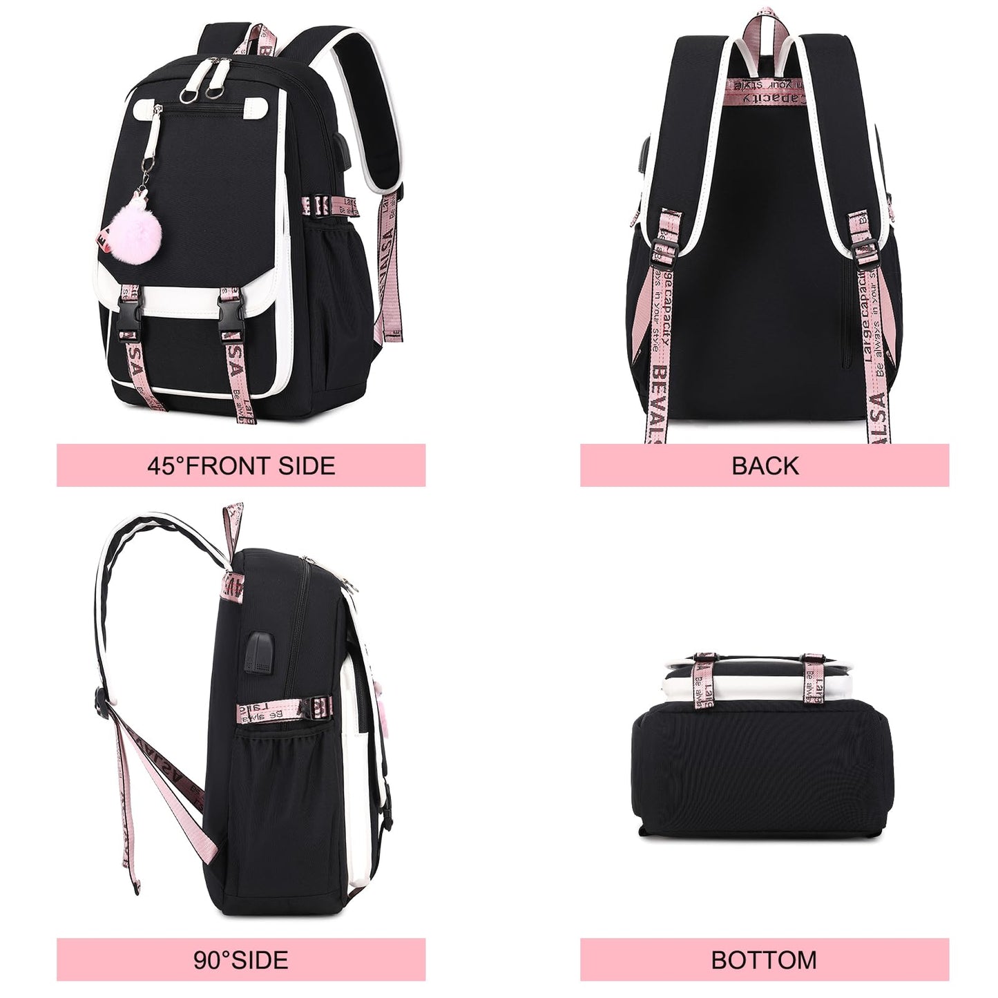 Bevalsa school backpack set for girls with lunch bag, 21L waterproof large casual daypack for elementary students in black color.
