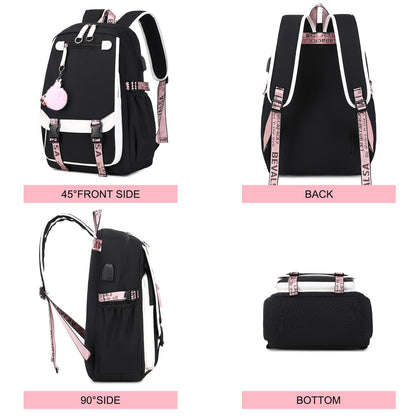 Bevalsa school backpack set for girls with lunch bag, 21L waterproof large casual daypack for elementary students in black color.