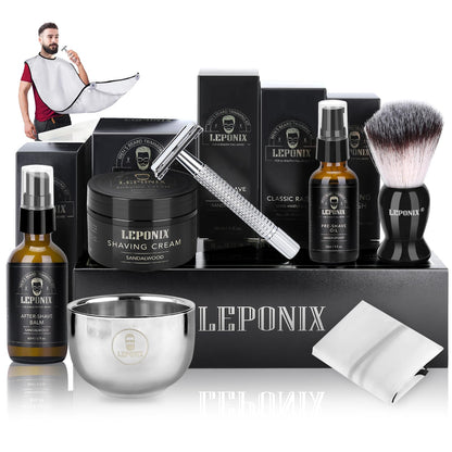 Wet Shaving Set for Men includes Safety Razor, Shaving Brush, Shaving Cream, After Shave Balm, Pre Shave, Shaving Bowl, Shaving Apron, Razor Handle Gift Set Men.