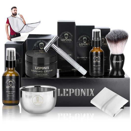 Wet Shaving Set for Men includes Safety Razor, Shaving Brush, Shaving Cream, After Shave Balm, Pre Shave, Shaving Bowl, Shaving Apron, Razor Handle Gift Set Men.