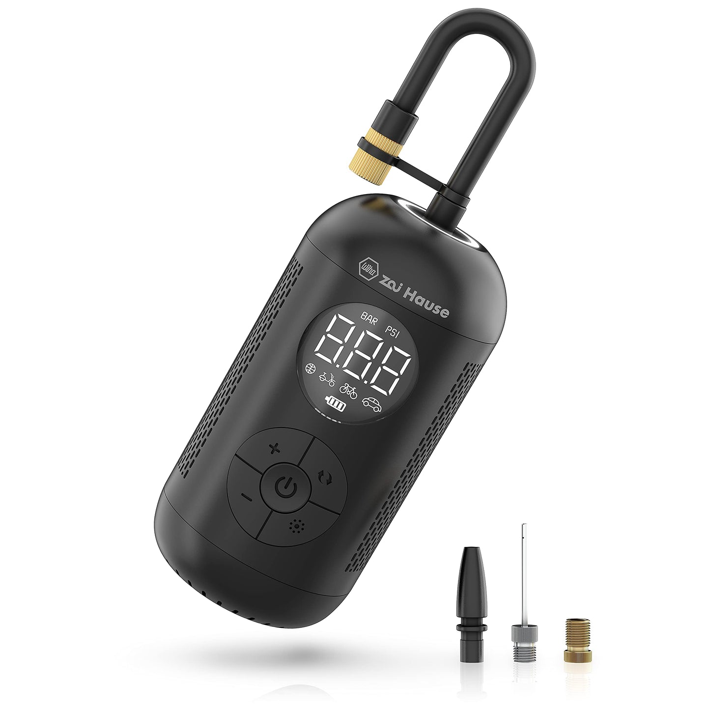 Wiha Home Electric Air Pump for Bike & Car with 3.7V Battery, includes adapters for Motorcycle/Ball/Tire/Car up to 10 bar/150 psi. Portable bike pump with LED ring light.