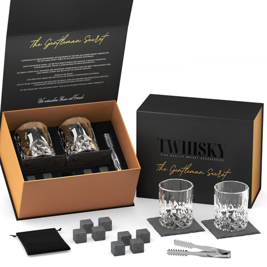 Twhisky Premium Whisky Glasses Gift Set - 2 Whiskey Tumblers 300 ml, 8 Reusable Whisky Stones made of Basalt, 2 Slate Coasters, Tongs & high-quality Gift Box