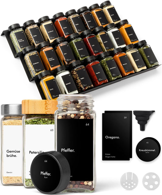 KIVY spice rack with jars | includes 24 spice jars with labels - adjustable & fits all drawers - spice organizer drawer - spice rack drawer - spice jars with shelf