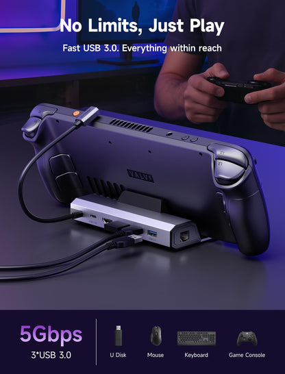 JSAUX Upgraded Steam Deck Dock, 6-in-1 docking station for Valve Steam Deck/OLED/ASUS ROG Alloy X/Lenovo Legion Go (S/2)/MSI Claw, HDMI 4K@120Hz, three USB 3.0, Gigabit Ethernet, 100W charging - HB0603.