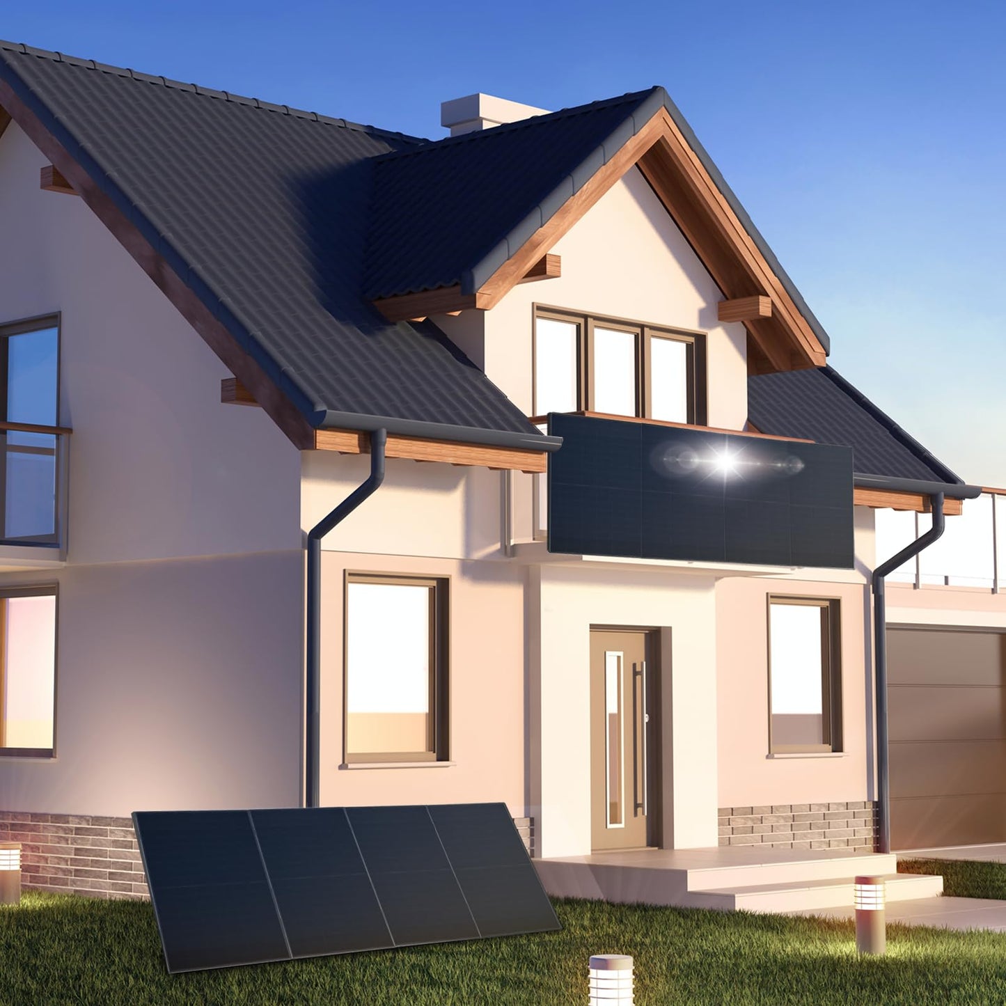 SUNNIVA balcony solar power system with storage FULL BLACK BIFACIAL 1196W/800W solar panel with 800W GROWATT micro inverter and Noah2000 Wifi Bluetooth, dimmable, 2x460W bifacial solar modules, 5m cable.