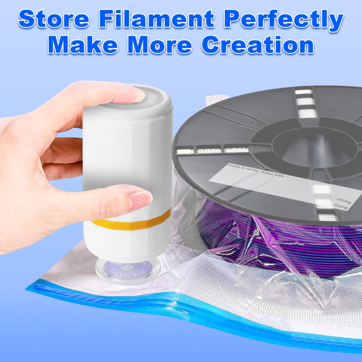 Filament Vacuum Bag Kit with Automatic Pump: 3D printing filament storage vacuum kit with autopump and sealing clips, 30 storage bags 34 * 30cm for 1.75mm 3D printer filaments.