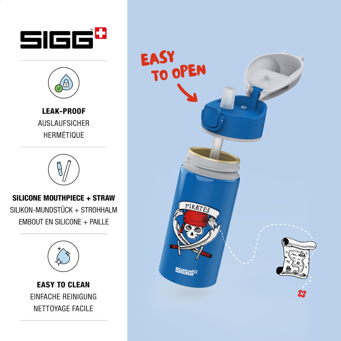 SIGG - Aluminum Kids Water Bottle - Miracle Pirates design - With Straw - Leakproof - Lightweight - BPA-free - Climate Neutral Certified - Great for School & Sports - Blue with Skull - 0.4L