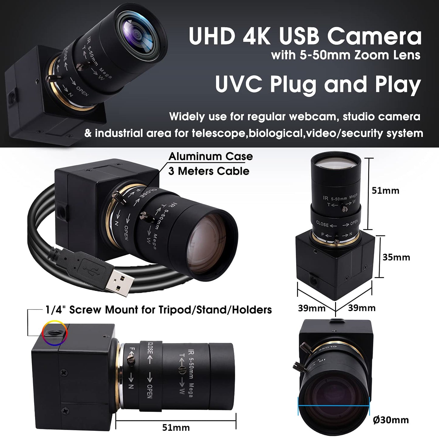 Svpro Webcam 4K UHD USB Camera, 10X Optical Zoom Camera with 5-50mm Varifocal Lens, 3840x2160 Ultra High Definition Cameras for Computer/Laptop/Desktop, USB Camcorder with Sony IMX415 Sensor.