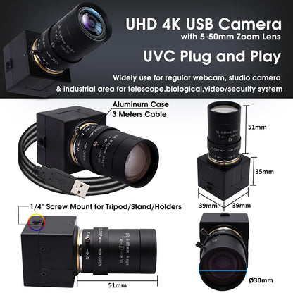 Svpro Webcam 4K UHD USB Camera, 10X Optical Zoom Camera with 5-50mm Varifocal Lens, 3840x2160 Ultra High Definition Cameras for Computer/Laptop/Desktop, USB Camcorder with Sony IMX415 Sensor.