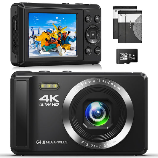 4K 64MP digital camera with 32GB memory card, autofocus compact camera with 16x digital zoom, rechargeable 2 1200mAh batteries, 2.4-inch mini kids camera for beginners.