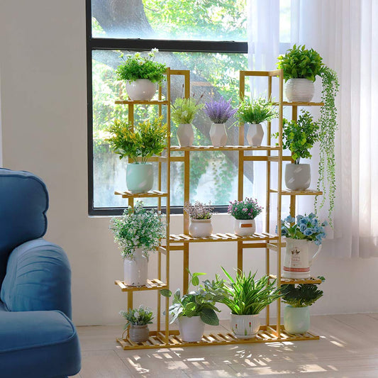 Medla Bamboo Plant Stand, Flower Shelf with 9 Layers multi-tiered, EXTRA LARGE Flower Rack Flower Ladder for Living Room Balcony Garden Indoor Outdoor, 123x89x19.5cm