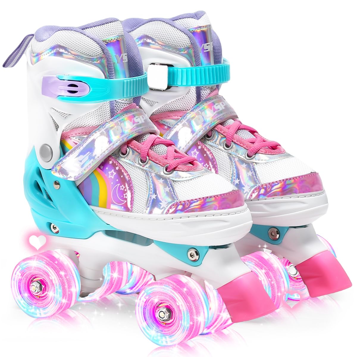 OLYSPM Kids Roller Skates Adjustable Ladies Roller Skates, LED Roller Skates and 4 Sizes Adjustable, Roller Skates with Storage Bag for Girls, Boys and Beginners (Pink)