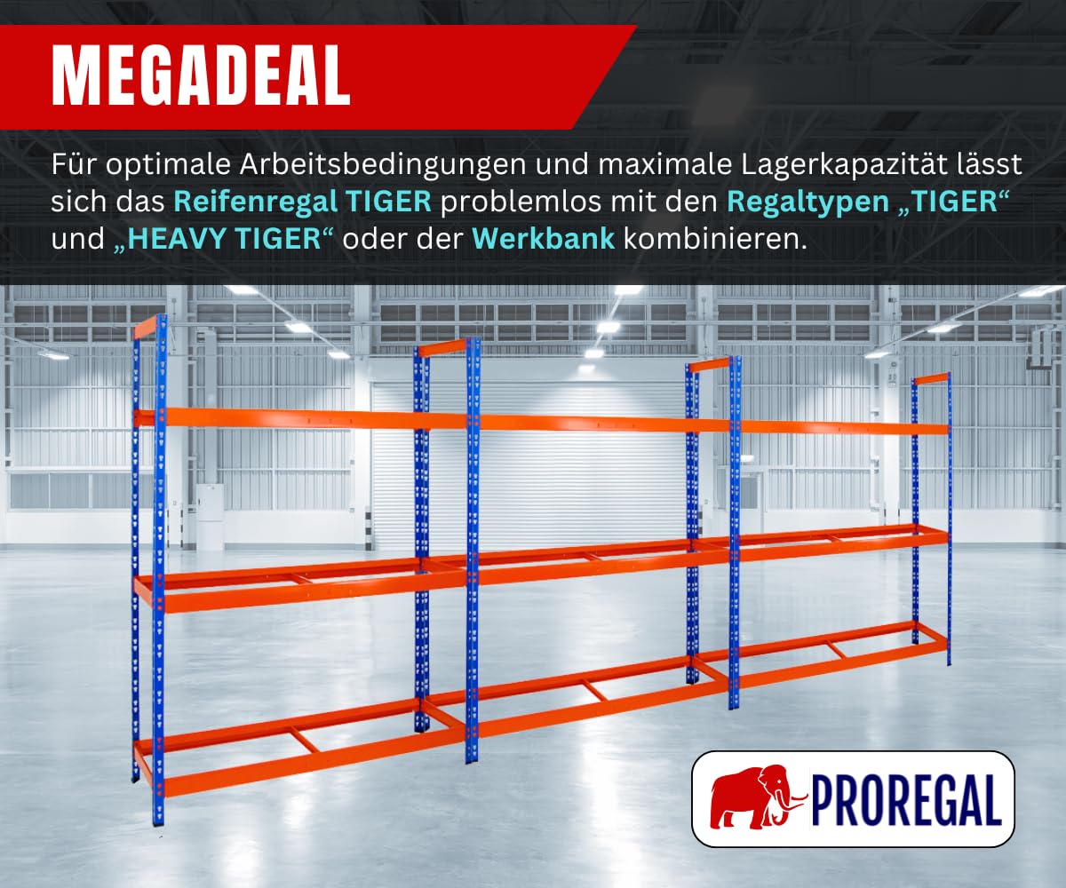 PROREGAL Tire Rack Tiger XL | HxWxD 200x150x45 cm | 300kg shelf load | up to 18 tires (205/55 R16) | Blue/Orange | Workshop Shelf, Storage Shelf, Basement Shelf